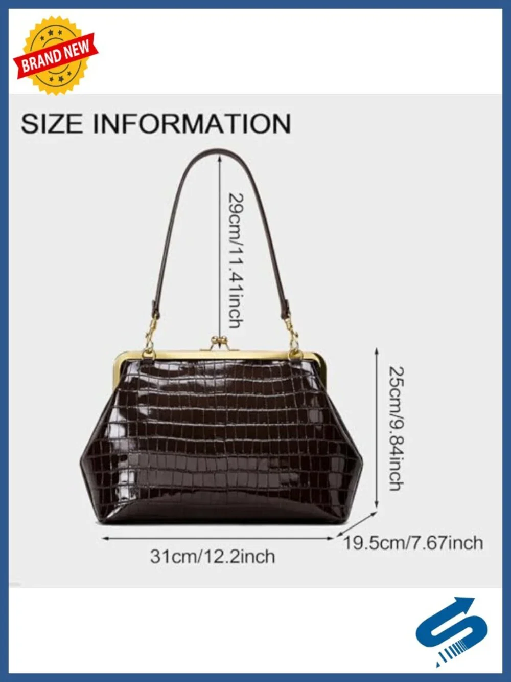 Vintage Crocodile Embossed Faux Leather Kiss Lock Tote Handbag Shoulder Bag